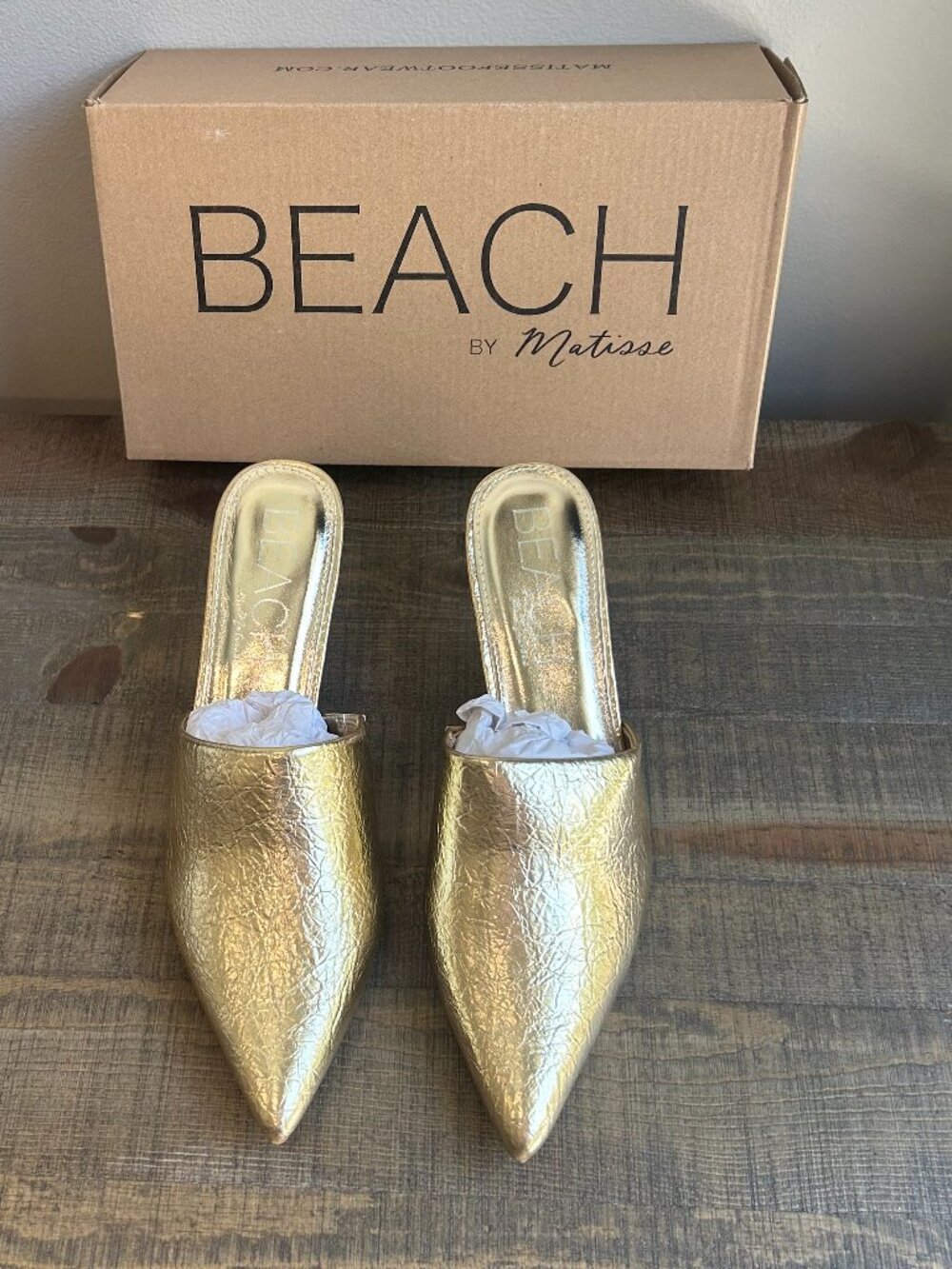 Beach by Matisse Gold Pointed Toe Slip On Mule Heel